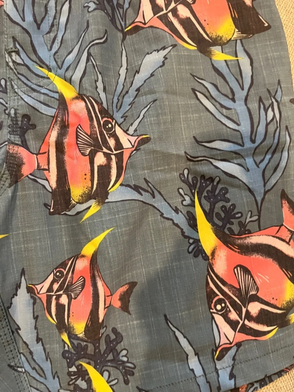 Quiksilver Men’s Blue Swim Trunks with Pink & Yellow Tropical Fish flow volley